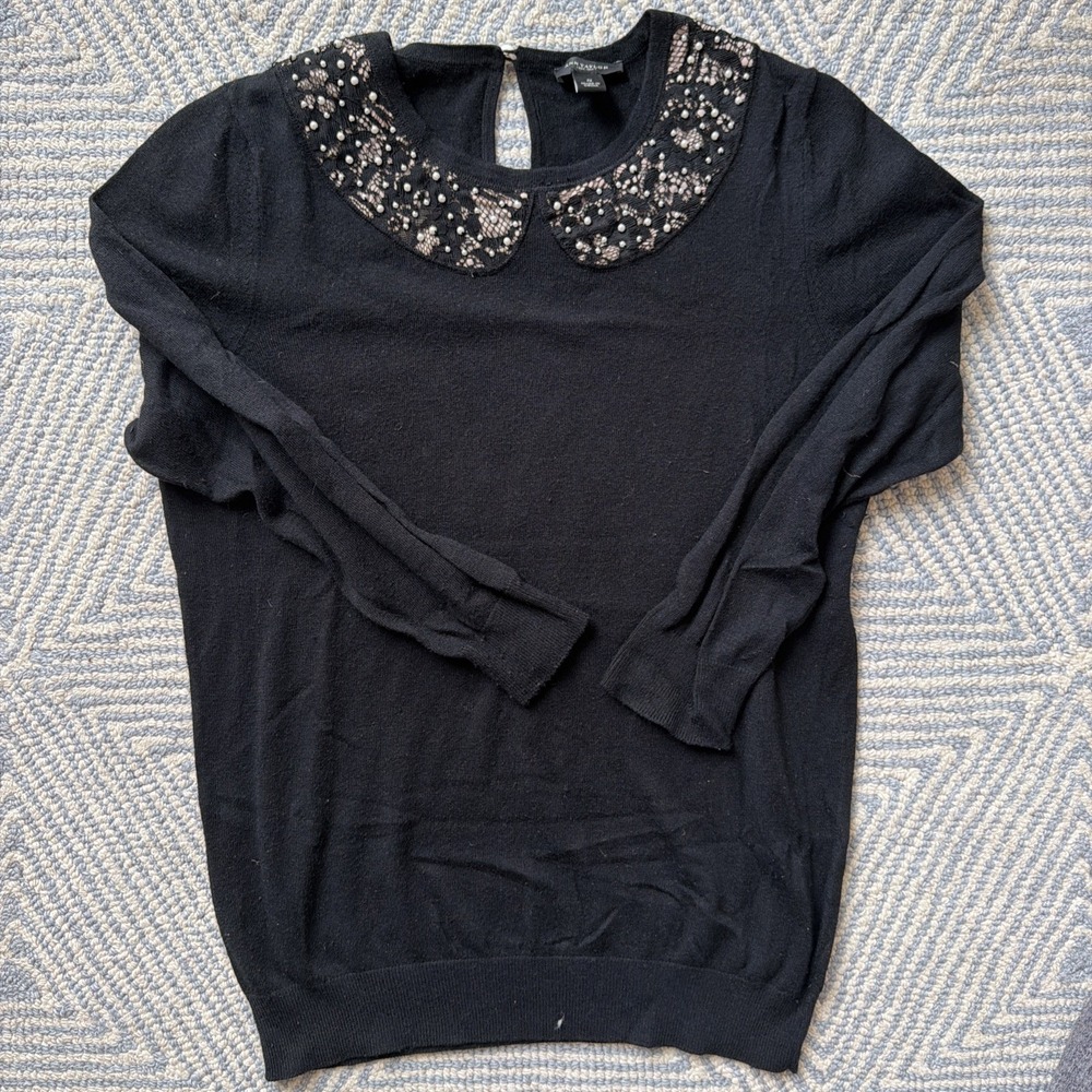 Women's Ann Taylor Rayon Mixed Sweater Pullover - Black w/ Pearl Accents - Small